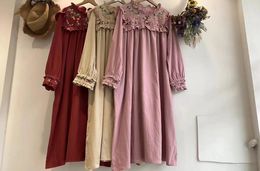 Casual Dresses Janpanese Mori Giel Sweet Embroidered Women Vintage Flower Elegant Ruffes Long Sleeve Midi Dress Autumn Female Vestidos