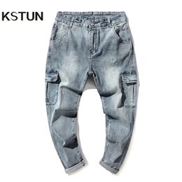 Mens Jeans Hip Hop Men Harem Pants Light Blue Stretch Loose Fit Spring and Summer Multi Pockets Designer Oversized Man Trousers 231025