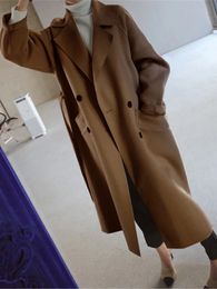 Women's Wool Blends Autumn Winter Coat Women Korean Fashion Woollen Overcoat Female Vintage Double Breasted Long Jacket Ladies Chic Loose Outerwear 231025