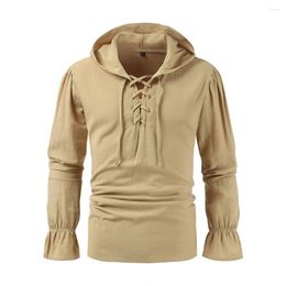 Men's Casual Shirts Fashion Hippie Linen Shirt Long Sleeve Hooded Beach Loose Tops Solid Colour T-shirts Male Cosy Blouse Clothing
