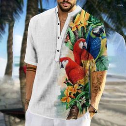 Men's Casual Shirts Summer Loose Printing Slub Youth Linen Cotton Stand Collar Thin Shirt