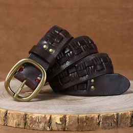 Belts 3.8CM Thick Cowhide Copper Buckle Genuine Leather Casual Jeans Braid Belt Men High Quality Retro Luxury Male Strap Cowboy Cintos YQ231026