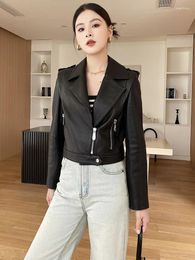 Women's Leather Black Genuine Motorcycle Jacket For Women Autumn 2023 Simple Slim Zipper Cropped Real Sheepskin Coat