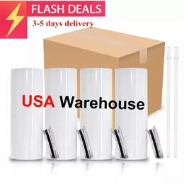 US/CA Stock 20oz Paslanmaz Çelik Tumblers Kapak ve Saman Süblimasyon Boşlukları Beyaz Araba Kupaları Diy Baskı Su Şişeleri