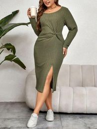 Plus Size Dresses Green Knitted Midi O Neck Long Sleeves Folds Slit Casual Evening Party Sheath Gowns Outfits Autumn Winter