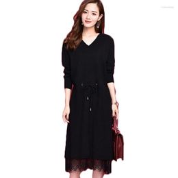 Women's Sweaters Women's Spring Autumn Dresses V-Neck Knitted Sweater Lady Trendy Bottoming Female Knit Long Dress With Belt Lace