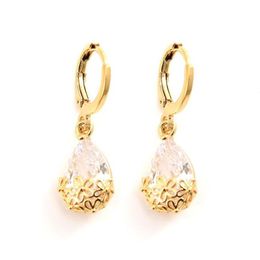 Trendy Luxury 24 K CT Gold GF CZ Water Drop Earring Dangle & Chandelier Bridal Accessories Cute Stone multiple colour select Elega215g