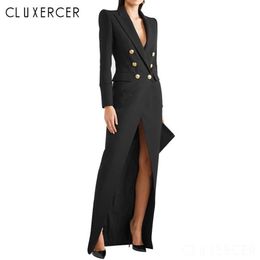 Casual Dresses Sexy Slit Blazer Maxi Dress 2021 Elegant Double Breasted Long Sleeve Office Lady Party Black Bodycon306E
