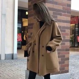 Women's Wool Blends Fall Winter Warm Faux Woolen Coat Women Fashion Korean Casual Solid Outwear Elegant Lapel Double Breasted All-Match Overcoat 231026