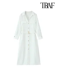 Casual Dresses Women Fashion With Belt Front Golden Button Midi Shirt Dress Vintage Lapel Collar Long Sleeves Female Vestidos