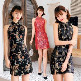 Ethnic Clothing Cheongsam Stand Collar Sleeveless Slit Print Hip Pack Package Sexy Women Dress Traditional Qipao Chinese Tang Costume