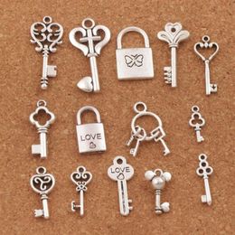 140pcs lot mix Love Key Locket Charm Beads Antique Silver Pendant Jewellery DIY LM47 14styles252z