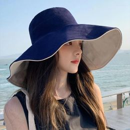 Wide Brim Hats Summer Large Women Sun Hat Luxury Double Sided Solid Color Cotton Linen Bucket Beach Anti-UV Foldable Fisherman Cap