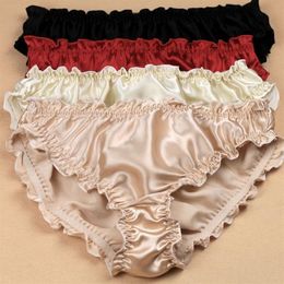 3pcs lot Quality women's silk panties ruffle crepe satin antibiotic low-waist trigonometric panties plus size 2011122557