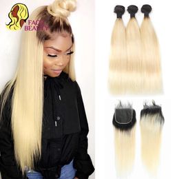 Hair Bulks Facebeauty 1B 613 Honey Blonde Brazilian Straight Human 2 3 4 Bundles with Lace Closure 4x4 Ombre 231025