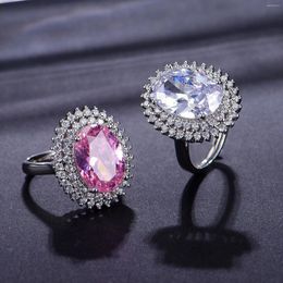 Cluster Rings YangFx Silver Color Fashion Temperament Oval Imitation Pink Tourmaline Full Diamond Colorful Treasure Open Ring Female Jewelry