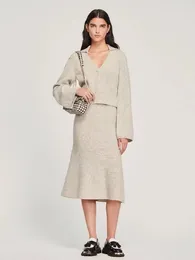 Women's Sweaters 2023 Fall/Winter V-neck Grey Flared Sleeve Knitwear Women Sweater Pullover Midi Skirt