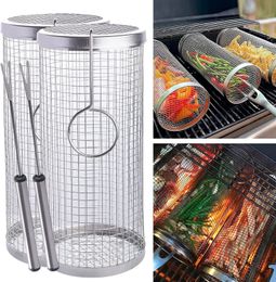 Camp Kitchen 2pcs Rolling Grilling Basket - Greatest Grilling Basket Ever Round Stainless Steel BBQ Grill Mesh Camping Barbecue Rack 231025