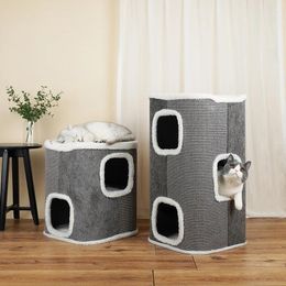 Cat Carriers 2 Layers Pet Scratching Barrel House Cylinder Sisal Cages Scratcher Tower Activity With Removable Mattress Top Platform