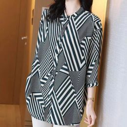 Women's Blouses Summer Women 3/4 Sleeve Stripe Chiffon Shirts Button Fashion Simple Versatile Commuter Elegant Casual Mid Length Loose