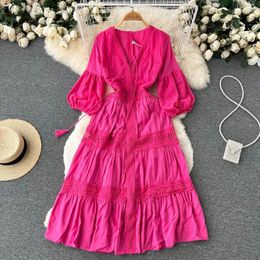 Casual Dresses Elegant Chic Hollow Long Sleeve V Neck Dress Party A-line Vestidos High Waist Basic Women Autumn