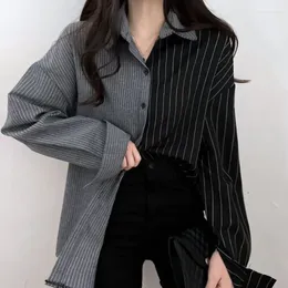 Women's Blouses QWEEK Vintage Harajuku Striped Women Korean Autumn Oversized Patchwork Shirt Long Sleeve Fall Tops Ladies Street Fashion