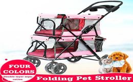 Lightweight Portable 4 Wheel Folding Doublelayer Pet Stroller for 2 Dogs with Large Space Double Cat Strollers Outdoor Travel7451948
