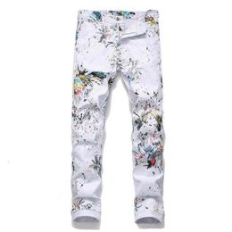 Fashion Design Men's White Printed Pants Trend Colour Painting Street Style Repair Breathable Overalls2687