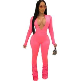 Echoine Sexy Bodycon Ruched Pleated Jumpsuit Women Skinny stacked pants Club Outfits V-neck Ripped Rompers Playsuit Fashion 2020213w