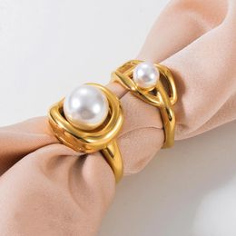 Cluster Rings Stainless Steel Jewelry Elegant Imitation Pearls Ring Wire Wrapped Women Classic Gold Plated Waterproof Birthday