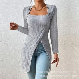 Women's Sweaters Buttoned Slit Asymmetrical Neck Knit Top Women Square Collar Folds Tops Slim 2023 Autumn Pullovers Split Y2k Jumpers