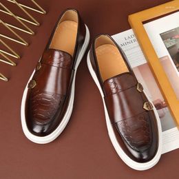 Dress Shoes Britain Retro Fashion Men's Black Brown Flats Monk Strap Leather Casual Loafers Formal Footwear Zapatos Hombre