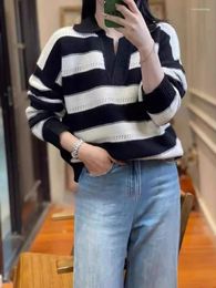 Women's Sweaters Autumn And Winter Casual Stripe Polo Long Sleeve Hollow Out Design Loose Sweater