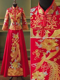 Ethnic Clothing Oversize 4XL Simple Style Retro Chinese Marry Satin Cheongsam High Quality Flower Phoenix Embroidery Bride Groom Wedding