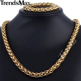 Trendsmax Brand Jewelry Set 9 5mm Gold-color Wheat Braided Link Stainless Steel Necklace Bracelet Mens Girls Chain Fashion KS215 2289G