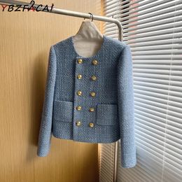 Women's Jackets Luxury Jackets Women Fall Winter Blue Tweed Jacket Yellow Tweed Jacket Black Plaid Blazer White Double Breasted Cropped Top 231026