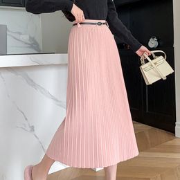 Skirts Autumn Winter Women Belt HighWaisted Pleated Skirt Ladies Sweet Elegant Knitting Solid Loose Package Hip Female 231025