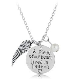 Silver Color Metal Letter Angel Wing Pearl Necklace a piece of my heart lives in Heaven Carved on Circle Pendent Wishes Necklaces for Men Women Love Jewelry Gift