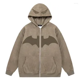 Men's Hoodies Harajuku Zipper Sweatshirt Coat Streetwear Hip Hop Funny Devil Bat Graphic Print Pocket Hoodie Jackets 2023 Loose Coats