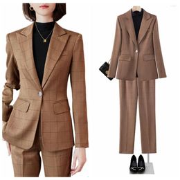 Women's Two Piece Pants Formal OL Styles Plaid Women Pant Suits Autumn Winter Khaki Grey Professional Office Ladies Work Wear Elegant 2