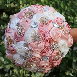 Wedding Flowers JaneVini 2023 Elegant Pink Ivory Bridal Bouquets With Rhinestones Artificial Satin Roses Flower Bouquet Bride Decoration