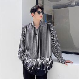 Men's Casual Shirts Men's Autumn Long Sleeve Mens Loose Fit Shirt Zebra Stripe Digital Print Draping Mesh Red Design Ropa Hombre