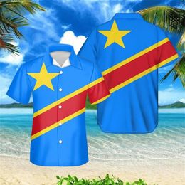 Men's Casual Shirts Congo Flag Printed Summer Short Sleeved For Men Loose Cardigan Button Up Shirt Plus Size Hawaiian Style T249p