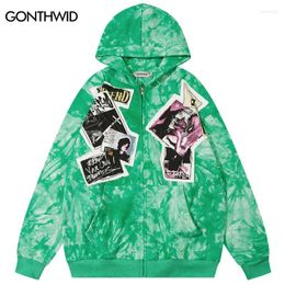 Men's Hoodies Hip Hop Hoodie Coat Streetwear Embroidery Patch Tie Dye Zipper Hooded Sweatshirt 2023 Men Harajuku Loose Punk Coats Green Pink