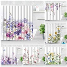 Shower Curtains Butterfly Flowers Shower Curtain Set Pink Purple Floral Lavender White Daisy Leaves Plant Printed Fabric Bathroom Decor Curtains 231025