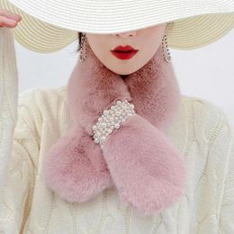 Scarves Korean Faux Fur Fake Collar Pearl Cross Plush Scarf Women Winter Thicken Neck Protection Outdoor Windproof Warm Bib S152