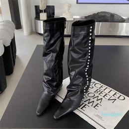 Shining Legs Thin White Trouser Boots 2023 Mesh Red Fat mm Pointed Slope Heel High Knee Length Boots for Women