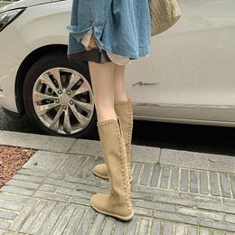 2023 Autumn/Winter New Long Boots Women's Single Boot Hollow Metal Rivet Flat Bottom Round Head High Barrel Boots 231026