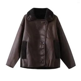 Women's Trench Coats Women Fashion Pleated Decoration Loose Warm Fur Faux Leather Jacket Coat Long Sleeve Button-up Female Outerwear Chic