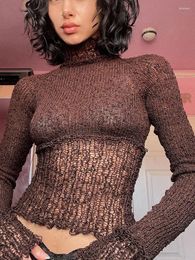 Women's Sweaters Y2K Cropped Hollow Out Knitted Women Sweater Autumn Turtleneck Bodycon Long Sleeve Basic 2023 Sexy Club Lady Jumper